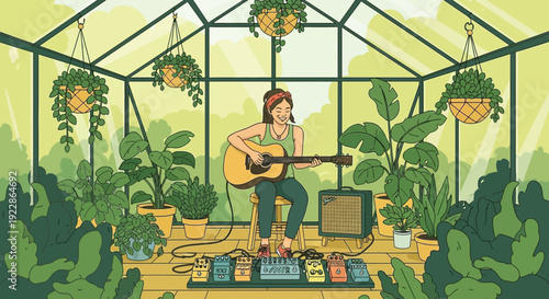 Woman playing acoustic guitar with effects pedals.