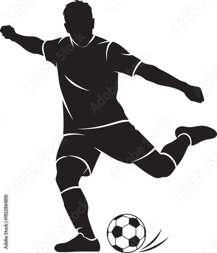 Dynamic black silhouette of a soccer player striking a ball with powerful momentum. Perfect for football club branding, tournament logos, and athletic apparel. High-quality minimalist vector art.