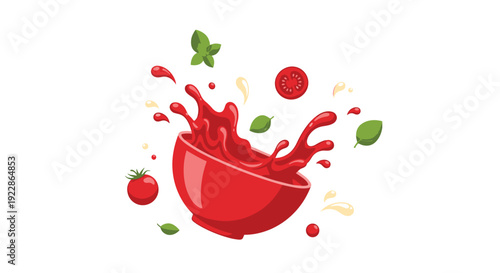 A vibrant red bowl is depicted with red sauce splashing dynamically, surrounded by a whole tomato, a tomato slice, and fresh basil leaves.