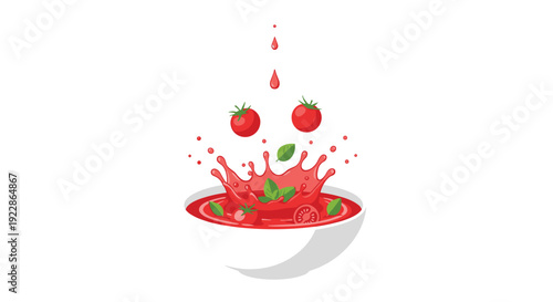 Two ripe red tomatoes and fresh green basil leaves are shown falling into a white bowl of splashing red tomato sauce.
