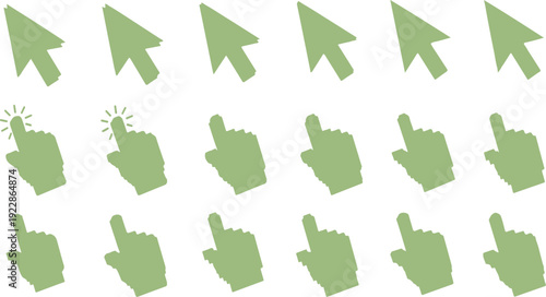 Collection of green pixelated computer mouse cursors and hand pointer icons on a white background, representing clicking and selection in digital interfaces. 