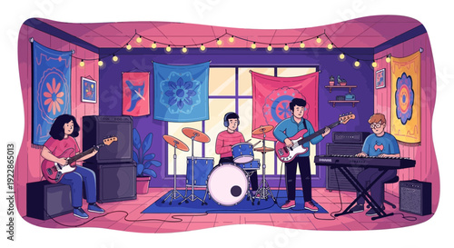 Young adult band members performing music together in a vibrant artistic setting.