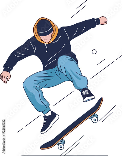 Vibrant vector art of a skater in a navy hoodie and blue joggers performing a high-air jump. Perfect for skate shop branding, extreme sports promos, and urban lifestyle graphics.