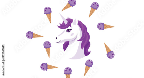 A smiling white unicorn head with a vibrant purple mane and horn is centered, surrounded by ten purple ice cream cones arranged in a circular pattern on a clean white background.