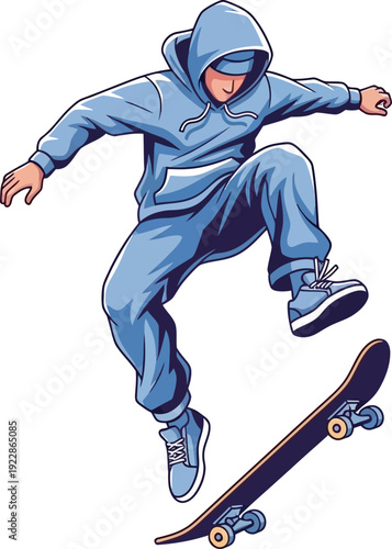Vibrant vector illustration of a skateboarder in a light blue hoodie mid-air performing a high jump. Ideal for skate shop branding, extreme sports promos, and urban lifestyle graphics.