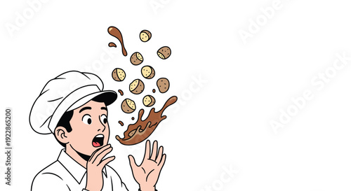 A surprised cartoon chef wearing a white hat and uniform looks up as chocolate truffles and a brown sauce splash descend from above.