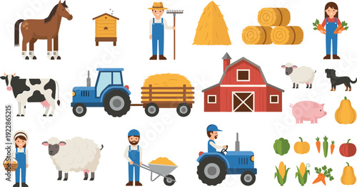Flat Vector Illustration Set of Farm Life Elements Featuring Farmers, Tractor, Barn, Livestock, and Fresh Harvest Crops for Agricultural and Educational Graphic Designs
