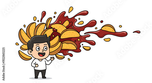 A delightful cartoon boy with a joyful expression is depicted standing next to an energetic splash of red sauce and golden potato wedges.