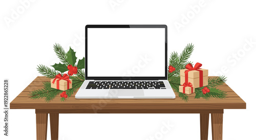 A modern silver laptop with a pristine blank screen is elegantly displayed on a rustic wooden table, surrounded by festive Christmas decorations and gift boxes.
