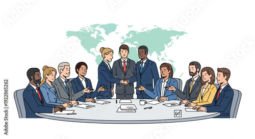 Diverse group of business professionals shaking hands across a conference table with a world map in the background, celebrating International Day of Multilateralism and Diplomacy for Peace.