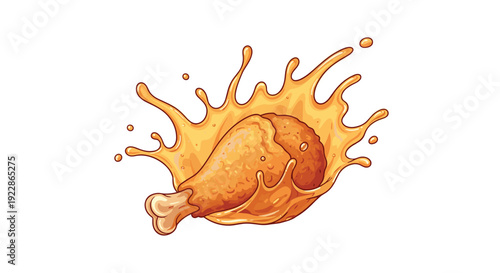A single golden fried chicken drumstick is dynamically splashing into a vibrant orange sauce, creating numerous radiating droplets.