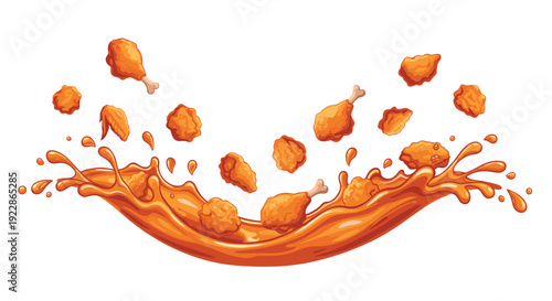 Multiple pieces of golden-fried chicken are dynamically falling into a wide, arching wave of bright orange sauce.