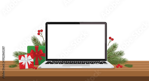 An open silver laptop with a blank white screen is centrally placed on a wooden table, flanked by two Christmas gifts and festive decor.