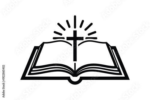 Stylized black and white open book with cross rising from center and radiating light representing christian faith bible spirituality and divine inspiration