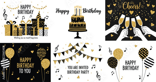 Black and gold birthday party invitation cards set festive celebration vector collection isolated background