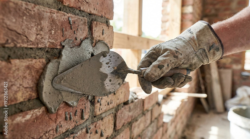 Builder gloved hand applying wet gray cement to textured brick wall with steel trowel under bright natural daylight from window frame.
