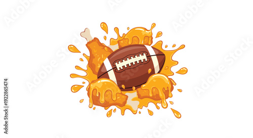 A brown American football with white laces is centrally positioned amidst chicken drumsticks and wings, all covered in dynamic orange sauce splatters against a white background.