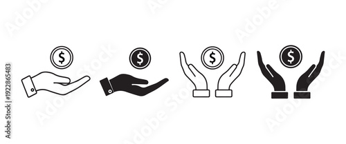 Four stylized icons of hands holding or presenting coin with dollar sign representing finance donation savings investment and monetary support concepts