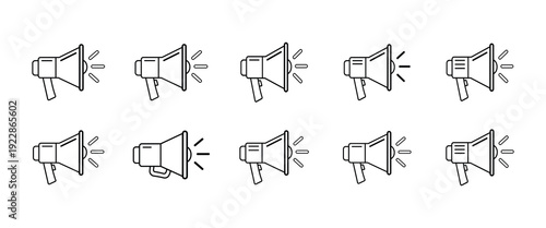 Set of ten megaphone icons with sound waves including one unique hand held megaphone representing communication announcements alerts and visual puzzle difference