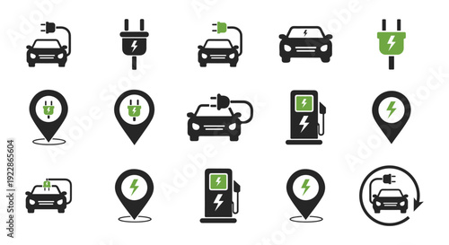 Collection of electric vehicle and charging icons including cars plugs stations and location markers representing ev technology infrastructure and eco friendly transport
