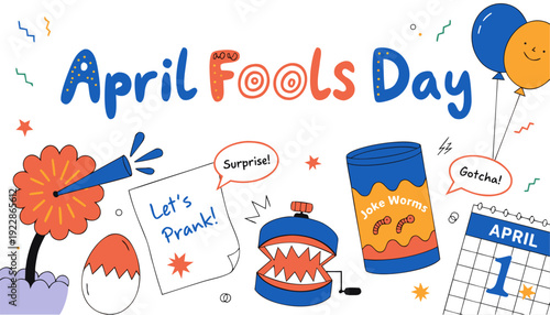 A colorful illustration celebrating April Fools' Day with playful prank elements and vibrant designs