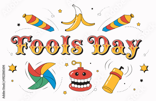 A colorful vector graphic illustration celebrating April Fools Day with fun cartoon elements