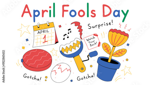 A colorful vector illustration celebrating April Fools Day with prank items and symbols