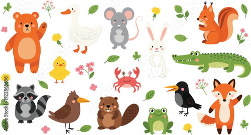 Charming Forest Animal Vector Collection Featuring Bear, Fox, Beaver, Raccoon, and Squirrel with Floral Elements for Cottagecore Stationery and Children’s Storybook Illustrations