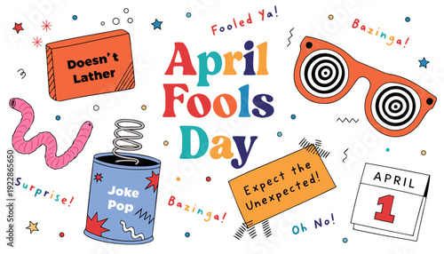 A colorful vector graphic illustration celebrating April Fools' Day with playful designs and humorous elements.