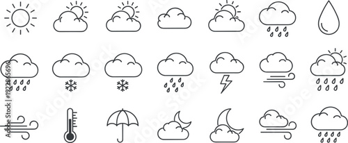 Weather line icons set with sun cloud rain snow wind vector collection isolated background