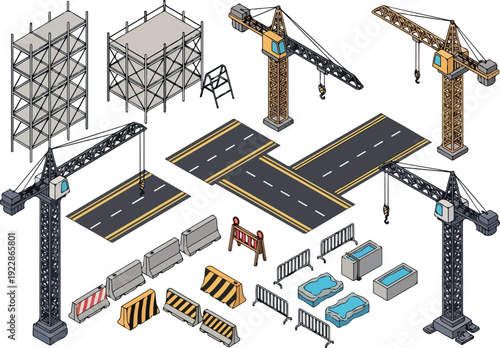 Construction site elements including cranes, scaffolding, and roadwork materials arranged in a 2D illustration from a top-down viewpoint