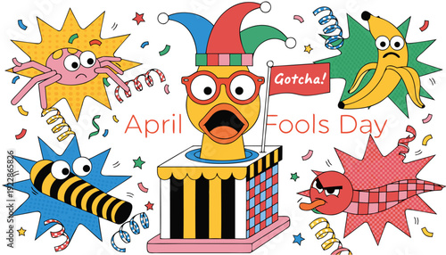 A colorful vector illustration of April Fools Day characters and symbols