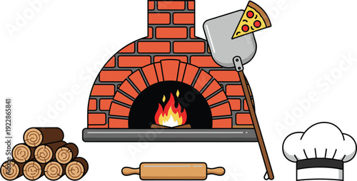 Traditional Brick Pizza Oven Vector Set with Firewood Pizza Peel Rolling Pin and Chef Hat Isolated on White Background