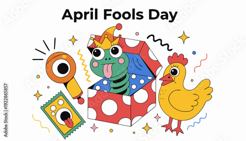 A colorful illustration of a frog and chicken celebrating April Fools Day with confetti and prank items