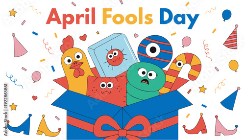 A colorful vector illustration of cartoon characters and party decorations celebrating April Fools Day