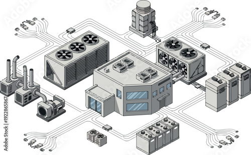 Industrial facility isometric illustration showing machinery and infrastructure in a complex layout