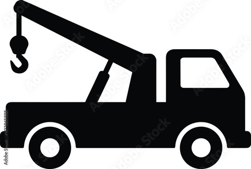 Tow Truck Silhouette Icon, Towing Service Vehicle with Hook Crane Vector Illustration, Black Roadside Assistance Transport Symbol Isolated for Automotive and Recovery Design