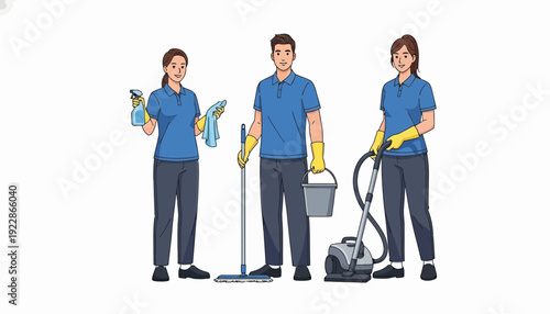 Professional staff of cleaning service on white background vector style
