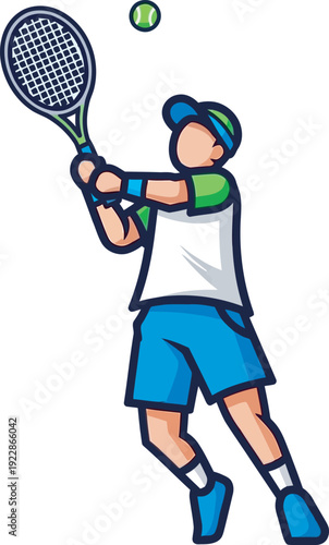 Dynamic vector illustration of a tennis player in a blue and white kit performing a high backhand stroke. Ideal for tournament branding, coaching ads, and sports graphics. High-quality flat design.