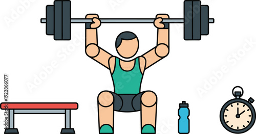 Weightlifter Cartoon Character Vector Set with Barbell Bench Press Stopwatch and Water Bottle Isolated on White Background for Fitness Design