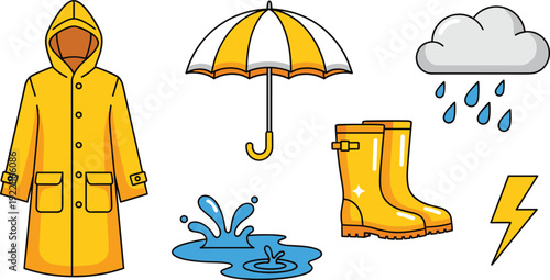 Yellow Raincoat and Umbrella Vector Set with Rain Boots Cloud and Lightning for Rainy Weather and Autumn Season Concept