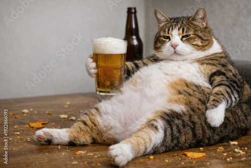 Cozy fat cat lazily holding a mug of beer and eating a snack.