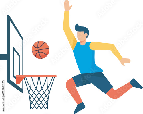 Dynamic vector illustration of a basketball player soaring for a jump shot or block. Ideal for sports branding, tournament promos, and athletic apparel. High-quality professional flat icon.