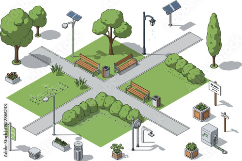 Aerial view of a serene park with lush greenery, benches, and solar panels, surrounded by infrastructure and walkways.