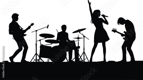 Rock band performance silhouette vector featuring singer guitarist bassist and drummer live concert stage music illustration set