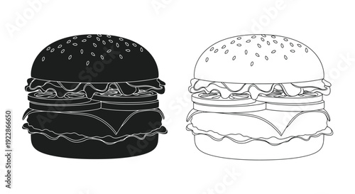 Two burger illustrations one solid black one outlined in white
