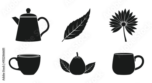 Black silhouette icons depicting tea elements teapot cup leaf and fruit