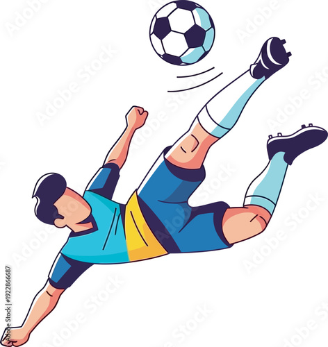Dynamic vector of a soccer player executing a mid-air bicycle kick. Perfect for football branding, sports tournament promotions, and athletic training graphics. Professional flat design.