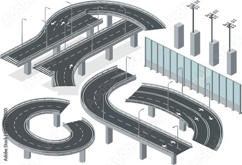 Isometric illustration of highway interchanges and roads with streetlights and buildings in urban landscape