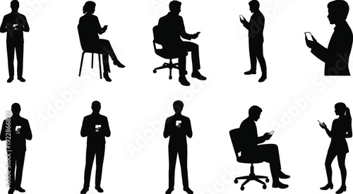 Silhouettes with smartphones and tablets, digital communication, mobile technology, modern lifestyle, social media illustration